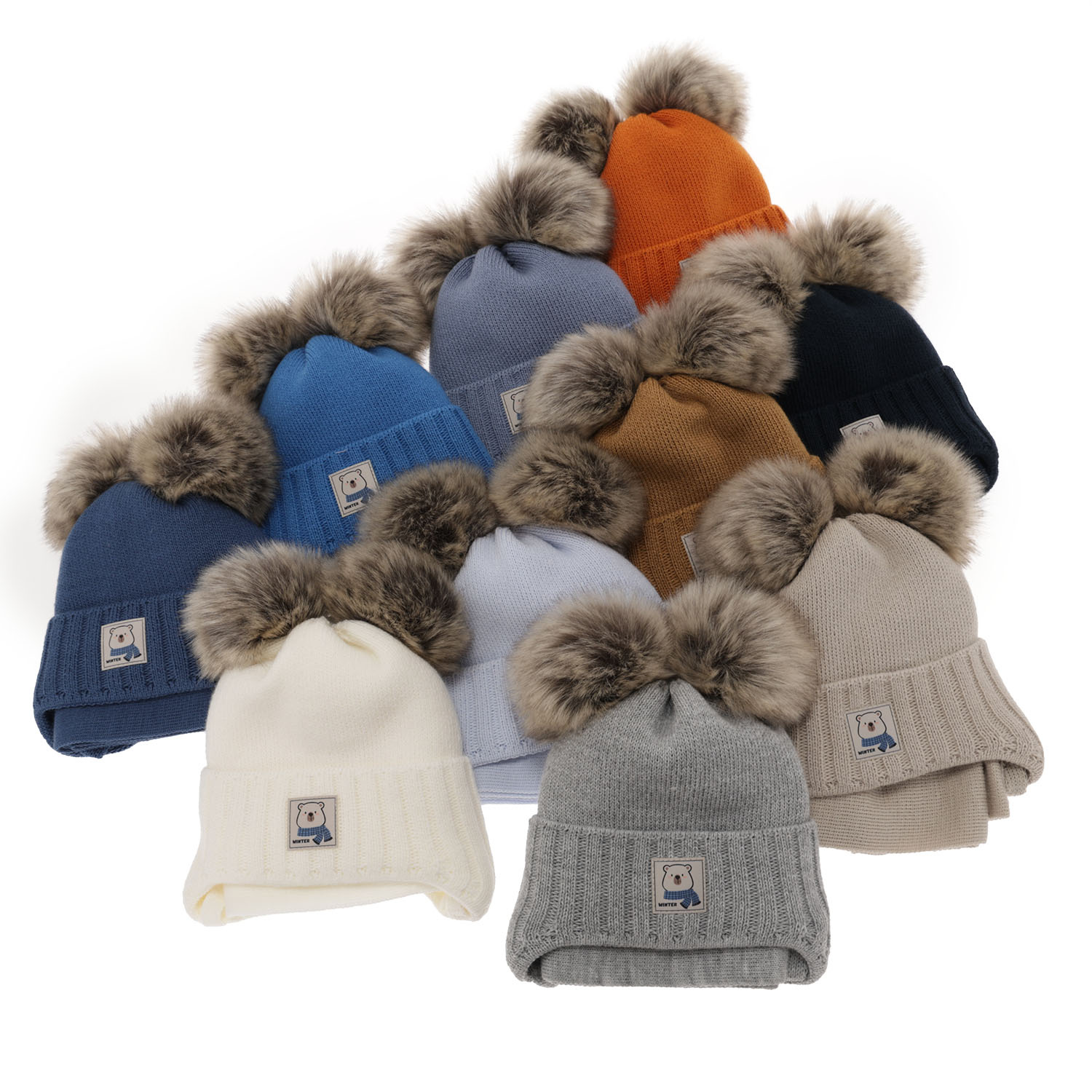 Czapka i szalik dla chłopca zimowy komplet, beżowy, z dwoma pomponami Jewel