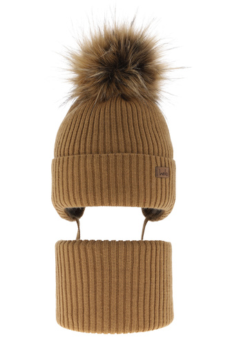 Czapka i komin dla chłopca zimowy komplet, camel, wiązany, z pomponem Bergo