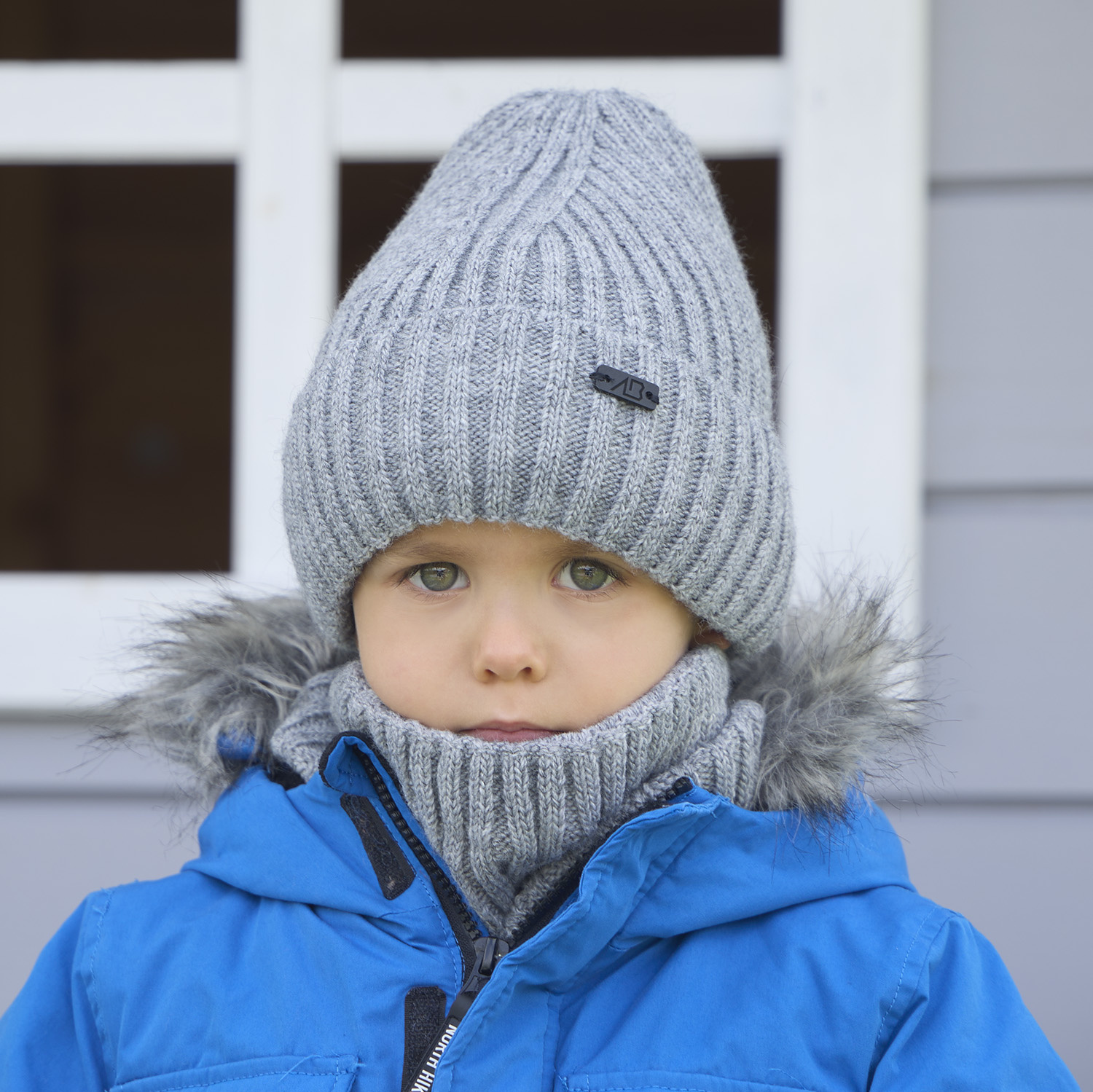 Czapka i komin dla chłopca zimowy komplet, jeansowy, Zeno