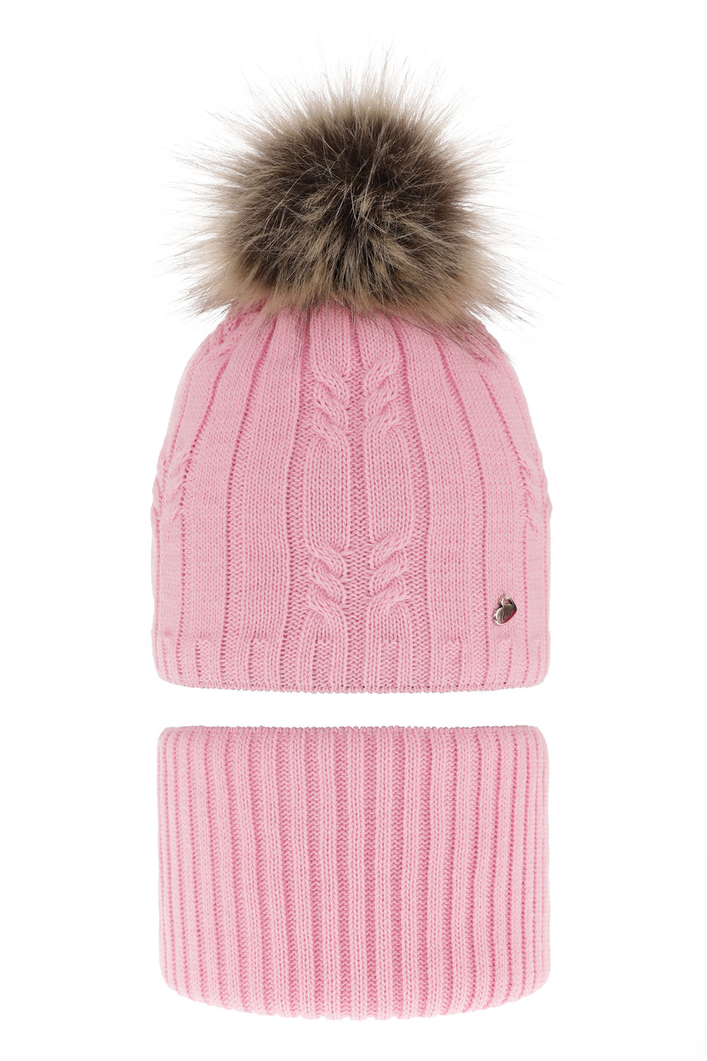 Czapka i komin dla dziewczynki zimowy komplet, różowy, z pomponem Amaltea