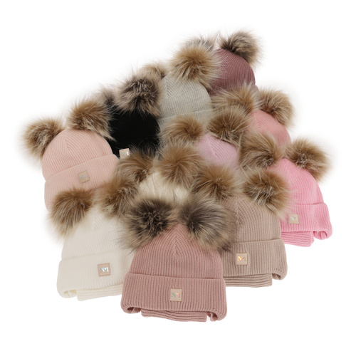 Czapka i komin dla dziewczynki zimowy komplet, wrzosowy, z dwoma pomponami, wiązany Kiara