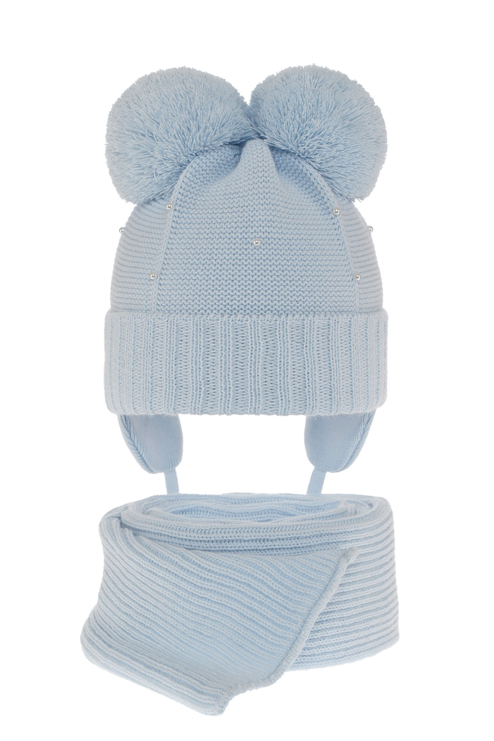 Czapka i szalik dla dziewczynki zimowy komplet, błękitny, z dwoma pomponami, wiązany Fibien