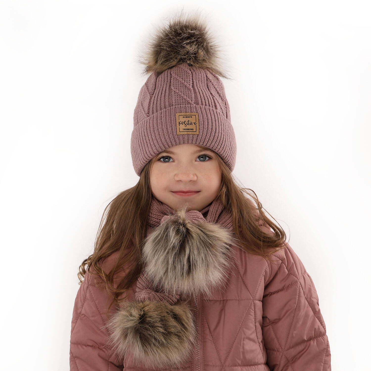 Czapka i szalik dla dziewczynki zimowy komplet, różowy, z dwoma pomponami Gabriela