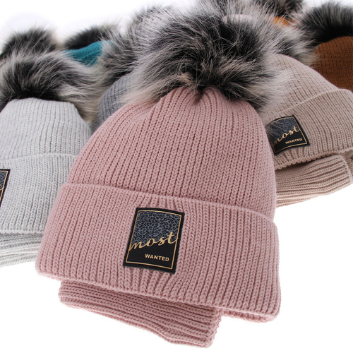 Czapka i komin dla dziewczynki zimowy komplet, czarny, z pomponem Sycylia