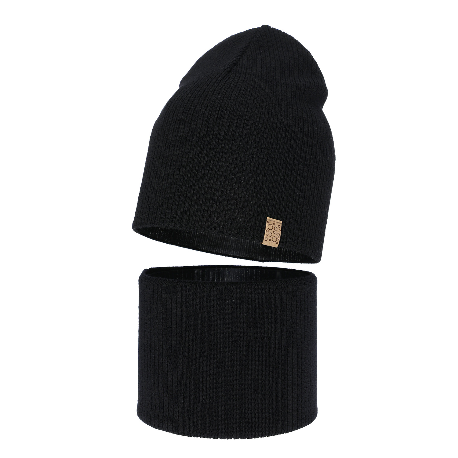 Czapka i komin dla dziewczynki jesienny, wiosenny komplet, czarny, 100% wełniany merino Ricona