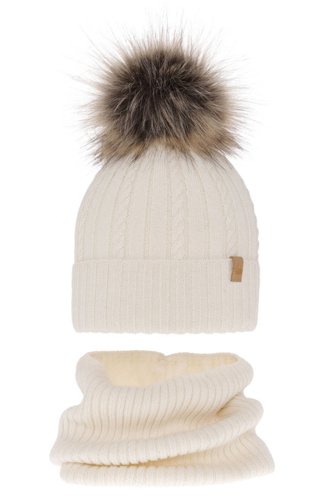 Czapka i komin dla dziewczynki zimowy komplet, kremowy, wełniany merino Mirabel