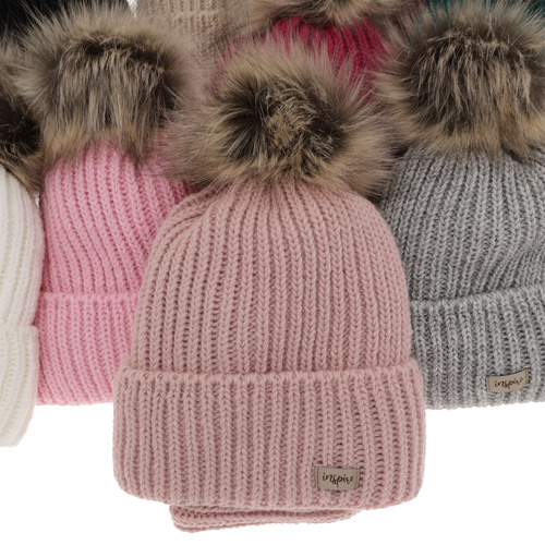 Czapka i komin dla dziewczynki zimowy komplet, różowy, z pomponem Willow