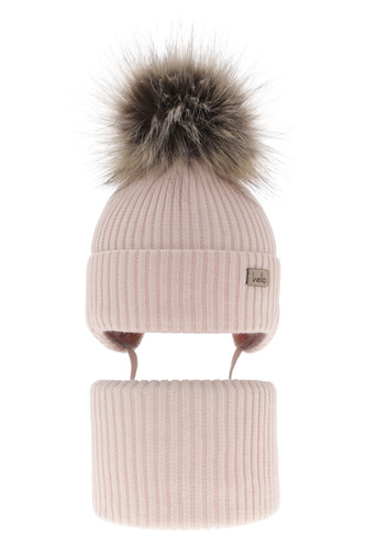 Czapka i komin dla dziewczynki zimowy komplet, jasnoróżowy, z pomponem, wiązany Bria