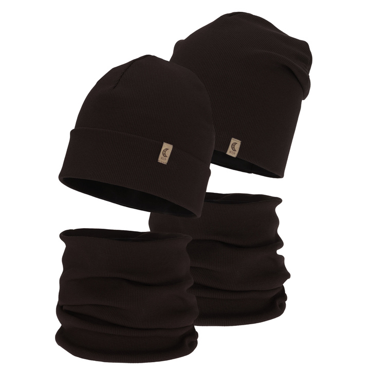 Czapka i komin dla dziewczynki jesienny, wiosenny komplet, bawełniany, ciemnobrązowy Bravura