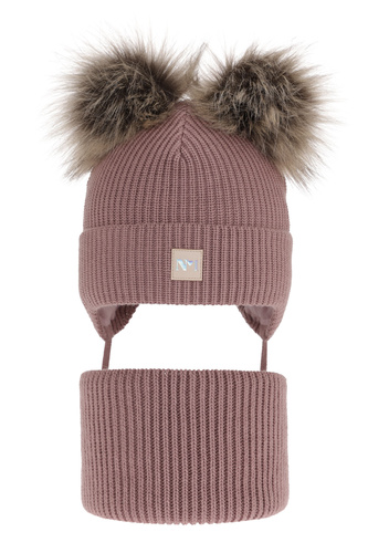 Czapka i komin dla dziewczynki zimowy komplet, wrzosowy, z dwoma pomponami, wiązany Kiara