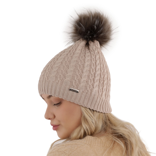 Czapka zimowa damska, beżowa, z pomponem, z wełną merino Satina