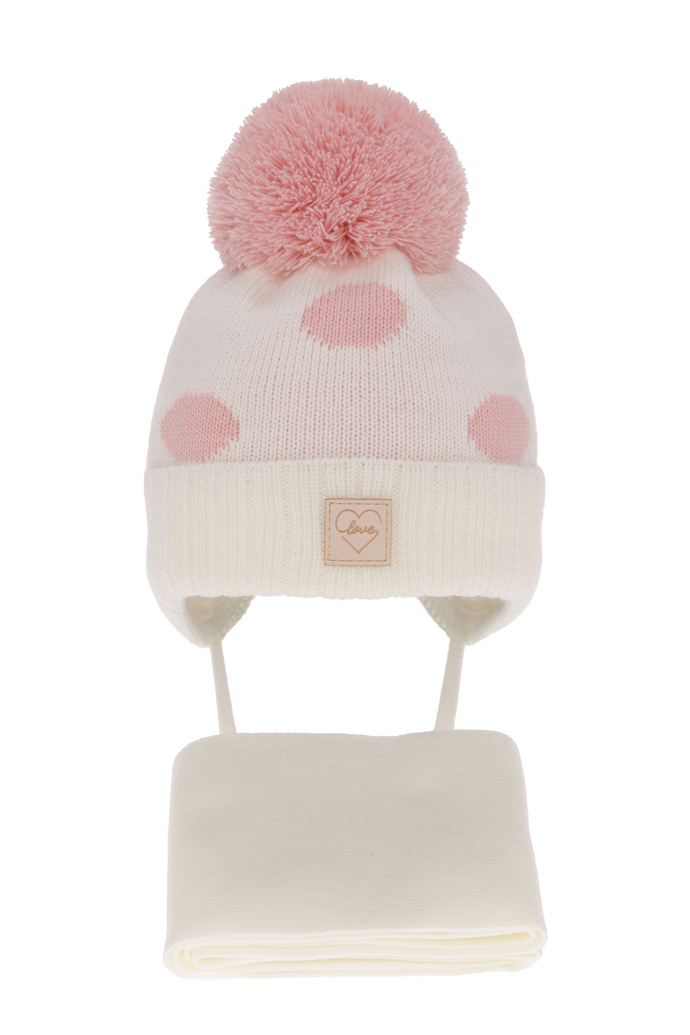 Czapka i szalik dla dziewczynki zimowy komplet, kremowy, wiązany Agostina