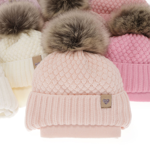 Czapka i szalik dla dziewczynki zimowy komplet, beżowy, z pomponem, wiązany Bianca