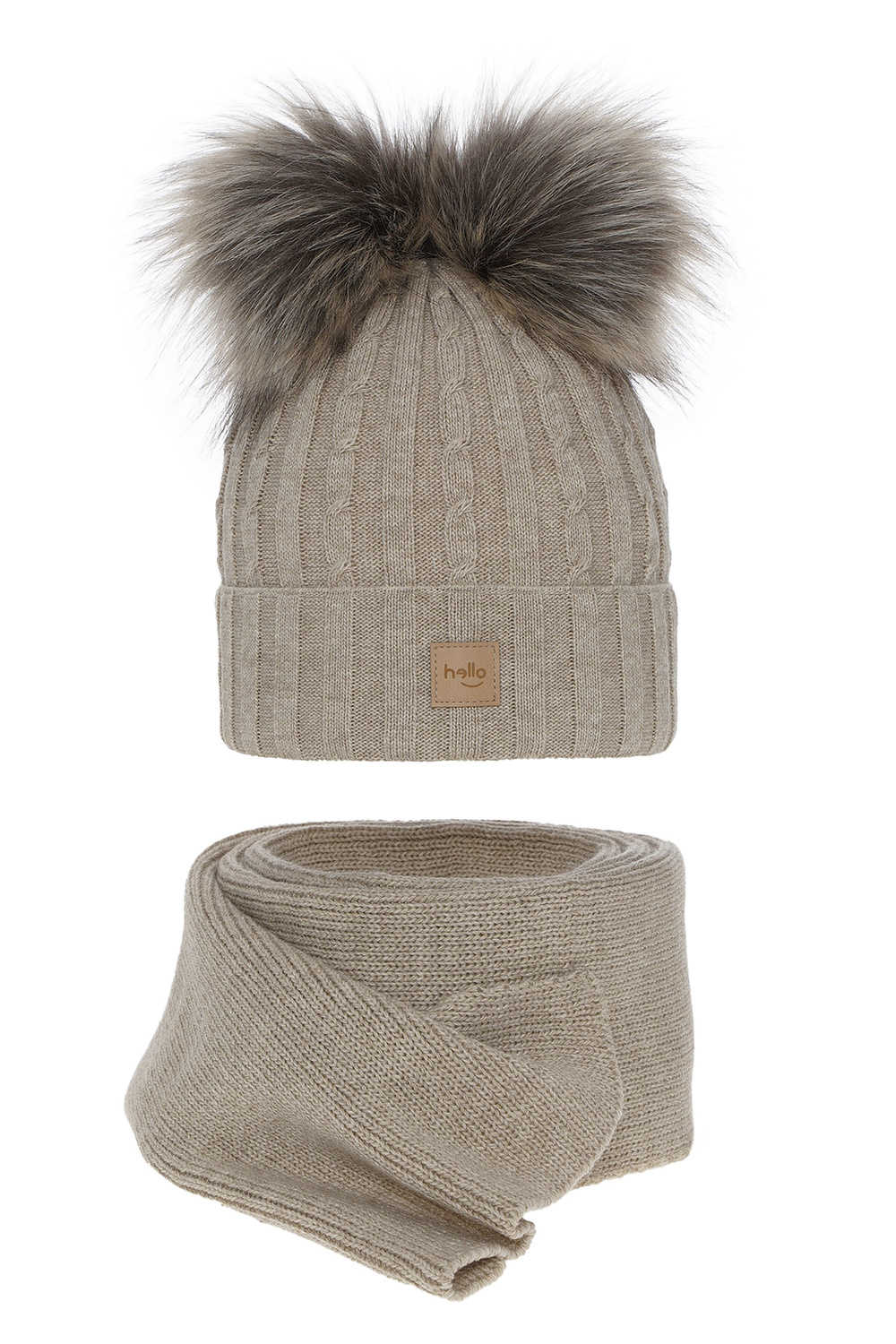 Czapka i szalik dla dziewczynki zimowy komplet, beżowy, z dwoma pomponami Zenda