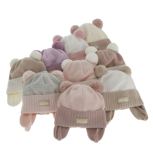 Czapka jesienna, wiosenna dla dziewczynki, kremowa, z dwoma pomponami, wiązana Karotka