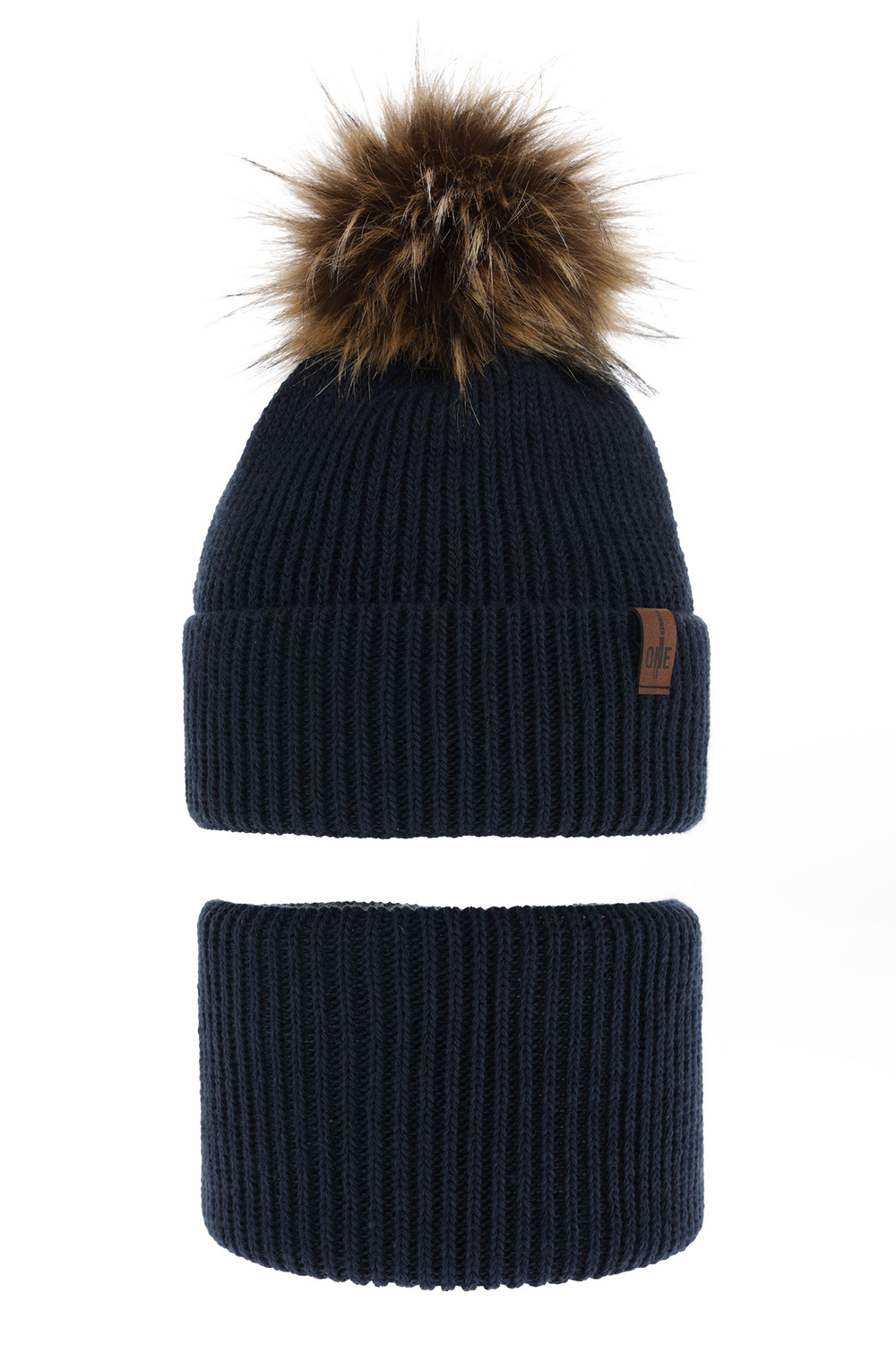 Czapka i komin dla chłopca zimowy komplet, granatowy, z pomponem Modus