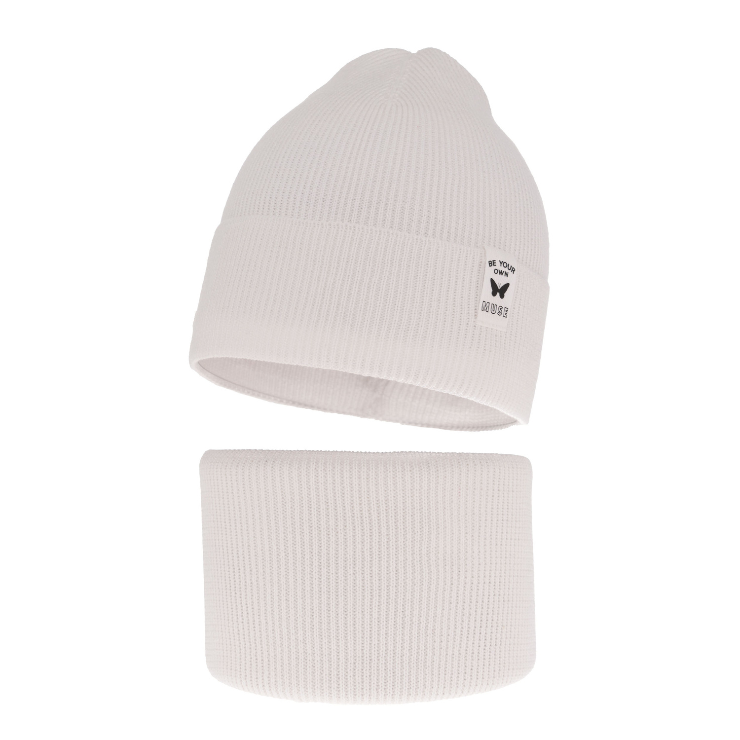 Czapka i komin dla dziewczynki jesienny, wiosenny komplet, z bawełną, biały, Leonita