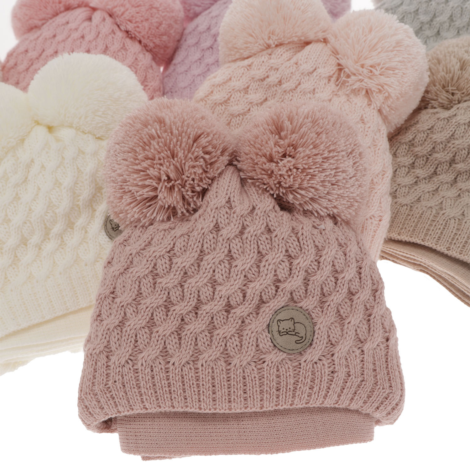 Czapka i szalik dla dziewczynki zimowy komplet, szary, z dwoma pomponami, wiązany Anava