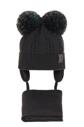 Czapka i szalik dla dziewczynki zimowy komplet, ciemnoszary, z dwoma pomponami Rozi