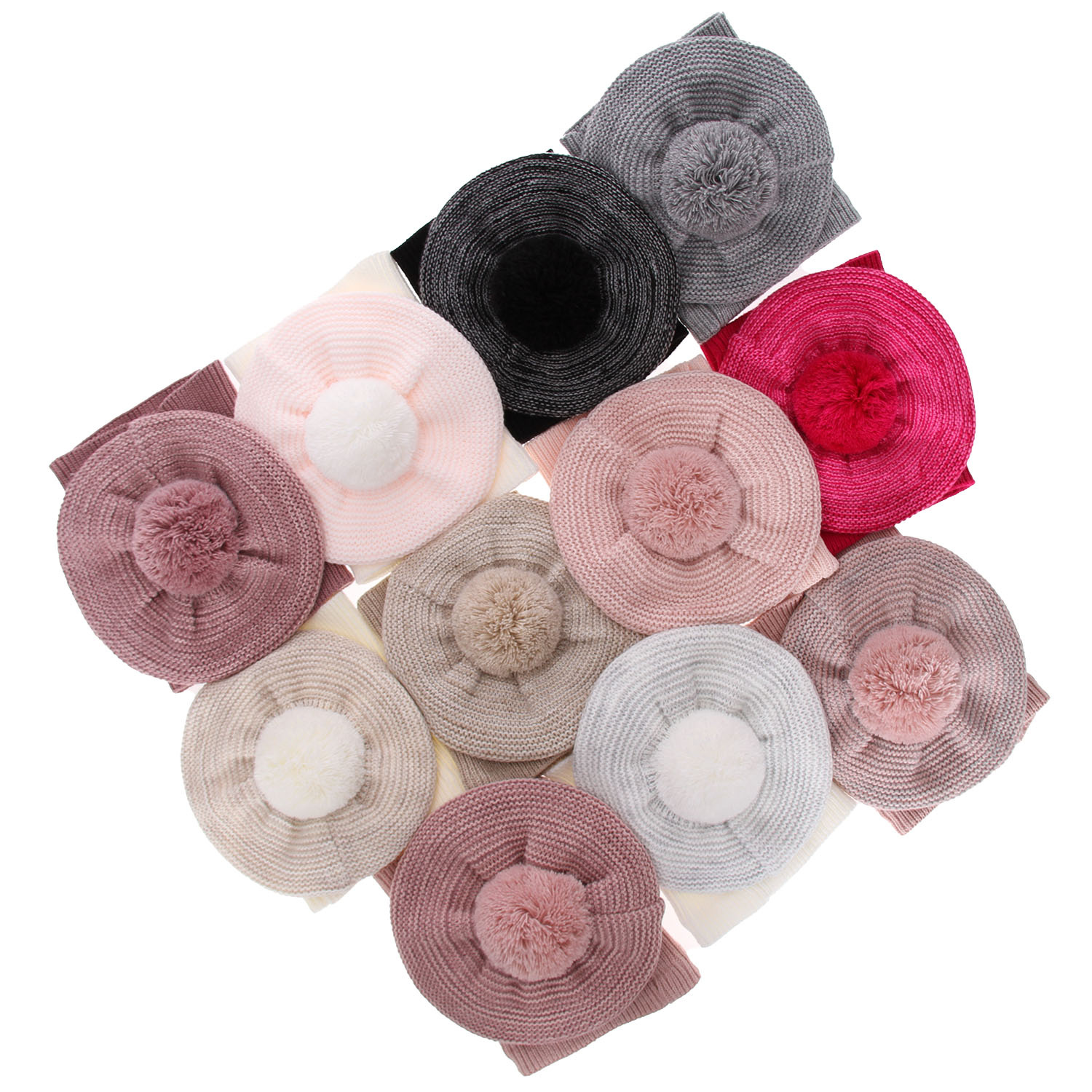 Beret i komin dla dziewczynki zimowy komplet, beżowy, z pomponem Lira