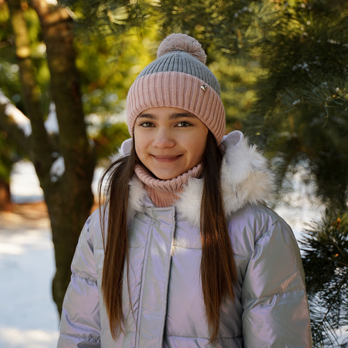 Czapka i komin dla dziewczynki zimowy komplet, beżowy Kolumbina