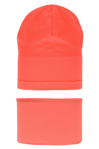 Czapka i komin dla dziewczynki jesienny, wiosenny komplet, koralowy, bawełniany Hazelka