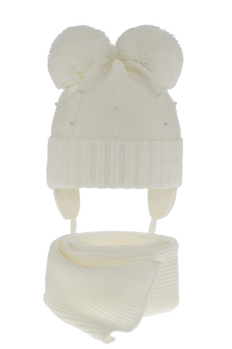 Czapka i szalik dla dziewczynki zimowy komplet, kremowy, z dwoma pomponami Fibien