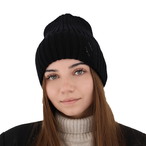 Czapka zimowa damska, czarna, 100% wełniana merino Ariga