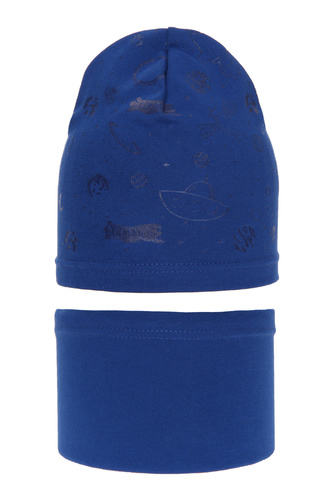 Czapka i komin dla chłopca jesienny, wiosenny komplet, niebieski, bawełniany Kosmos