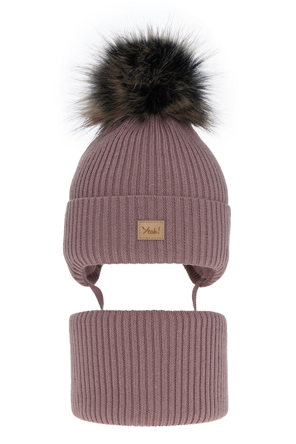 Czapka i komin dla dziewczynki zimowy komplet, wrzosowy, z pomponem, wiązany Dilajla