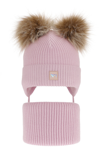 Czapka i komin dla dziewczynki zimowy komplet, liliowy, z dwoma pomponami, wiązany Kiara