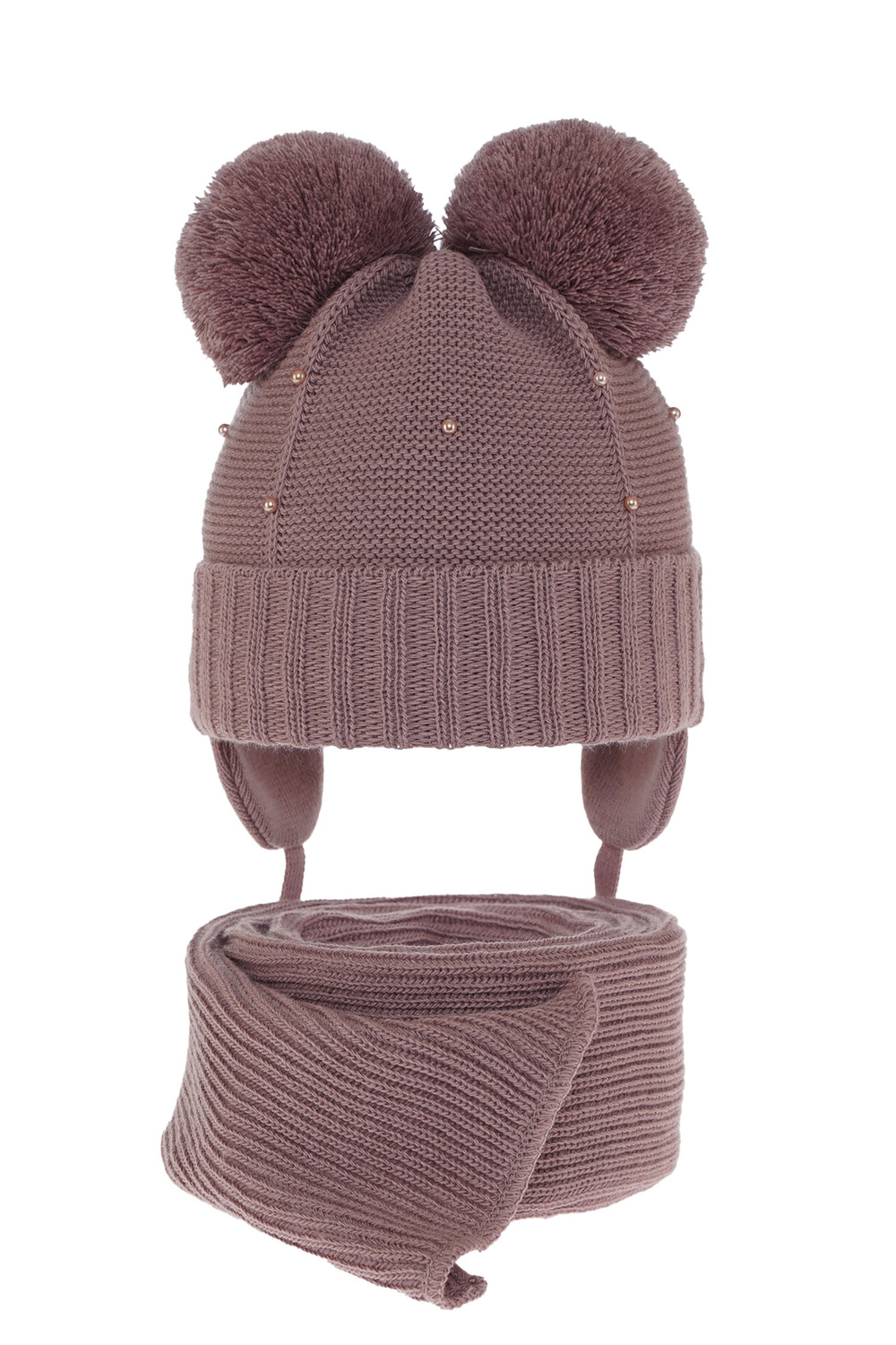 Czapka i szalik dla dziewczynki zimowy komplet, wrzosowy, z dwoma pomponami, wiązany Fibien