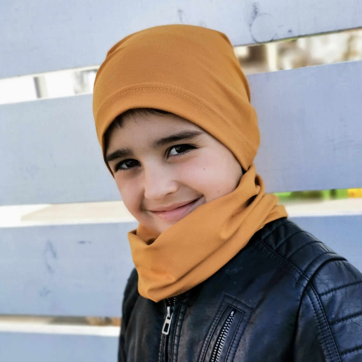 Czapka i komin dla chłopca jesienny, wiosenny komplet, niebieski, bawełniany Hazel