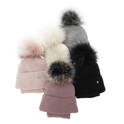 Czapka i komin dla dziewczynki zimowy komplet, wrzosowy, z pomponem Reneta