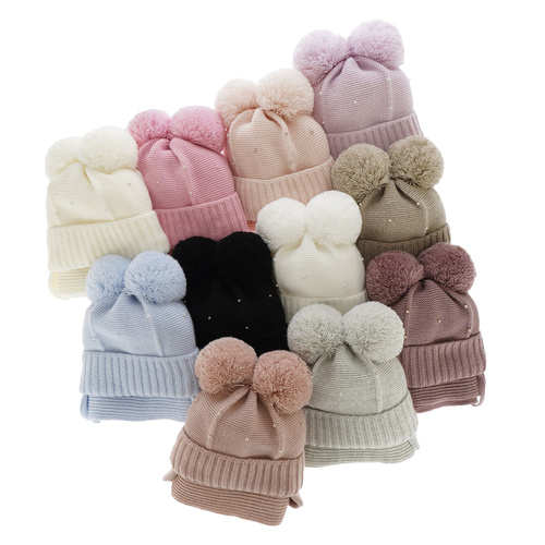 Czapka i szalik dla dziewczynki zimowy komplet, wrzosowy, z dwoma pomponami, wiązany Fibien