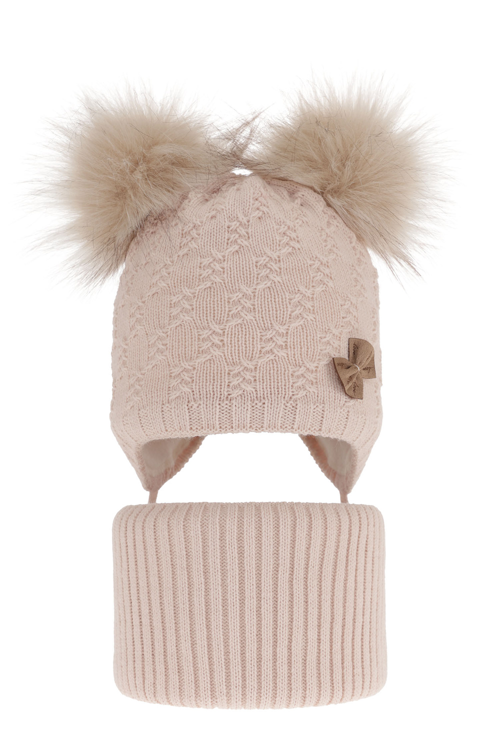 Czapka i komin dla dziewczynki zimowy komplet, różowy, z dwoma pomponami, wiązany Bettina
