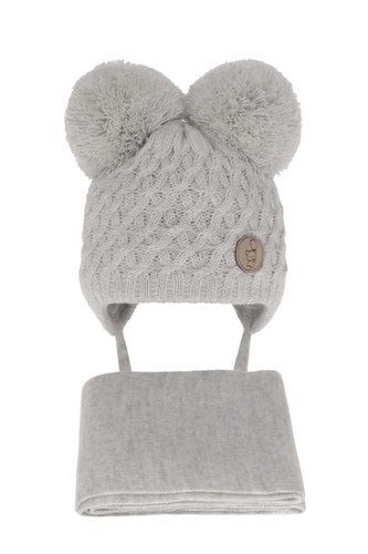 Czapka i szalik dla chłopca zimowy komplet, jasnoszary, wiązany, z dwoma pomponami Alonso