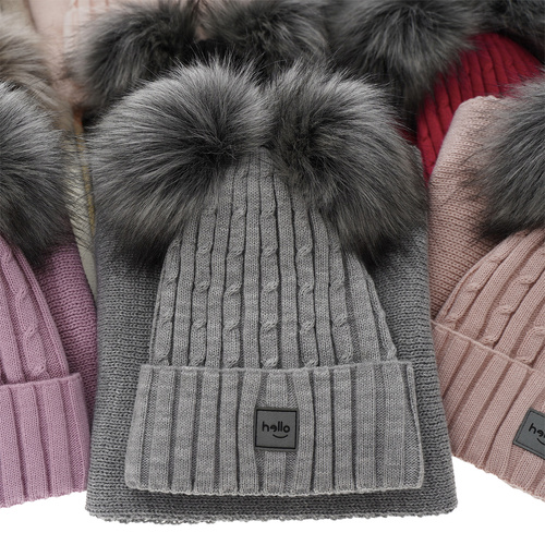 Czapka i szalik dla dziewczynki zimowy komplet, szary, z dwoma pomponami Zenda