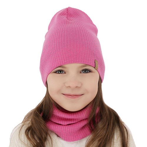 Czapka i komin dla dziewczynki jesienny, wiosenny komplet, różowy, 100% wełniana merino Ricona
