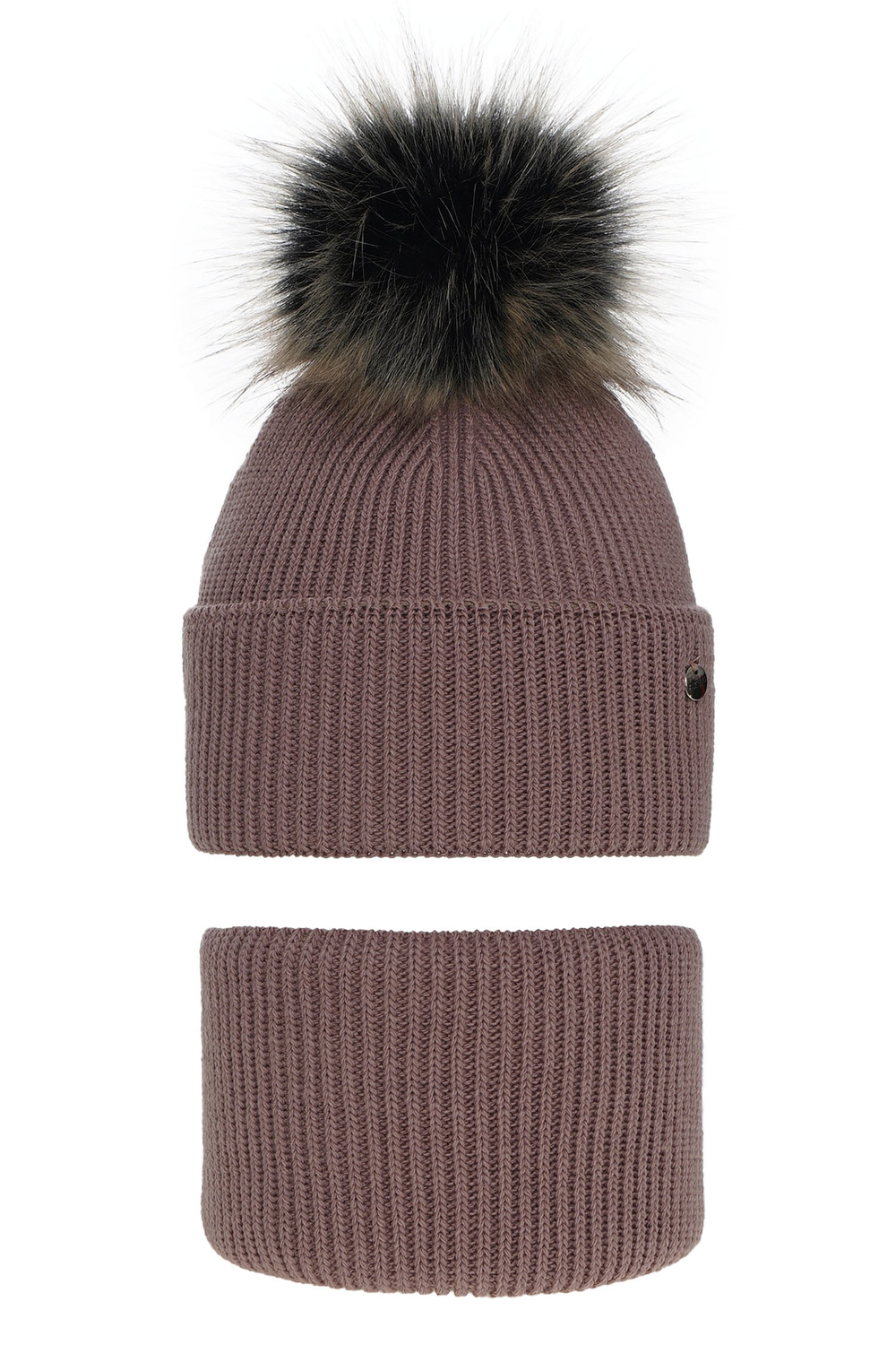 Czapka i komin dla dziewczynki zimowy komplet, wrzosowy, z pomponem Reneta