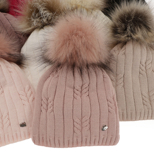 Czapka i komin dla dziewczynki zimowy komplet, biały, z pomponem Amaltea