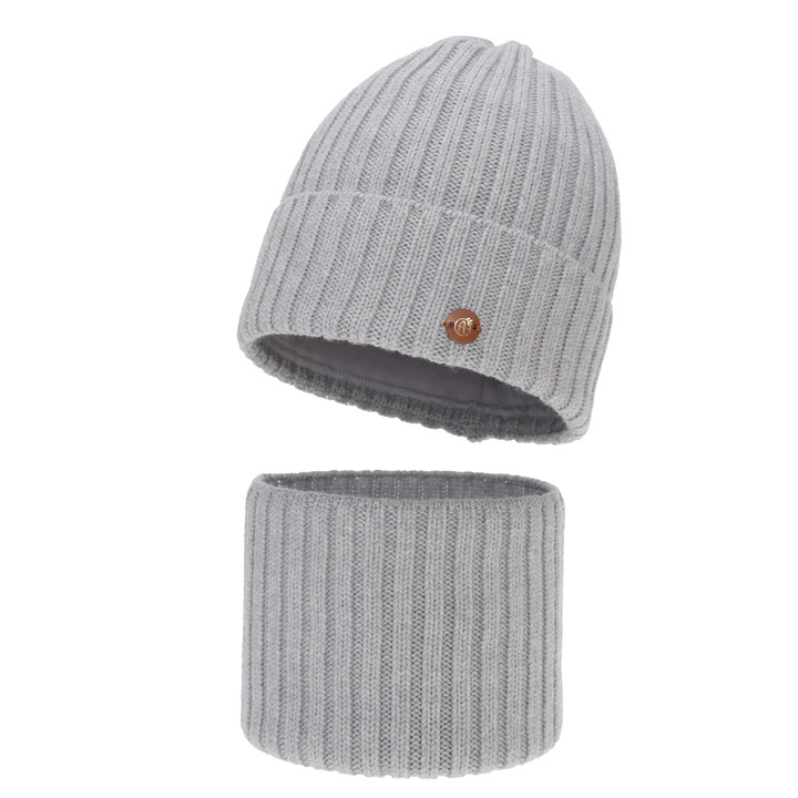 Czapka i komin dla dziewczynki zimowy komplet, szary, 100% wełniany merino, podszyty bawełną Vanira