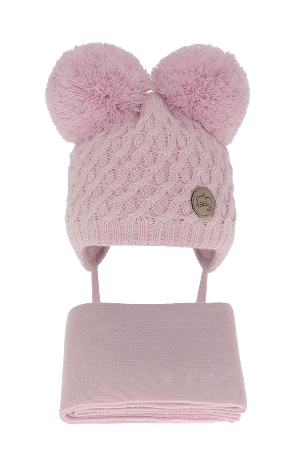 Czapka i szalik dla dziewczynki zimowy komplet, szary, z dwoma pomponami, wiązany Anava