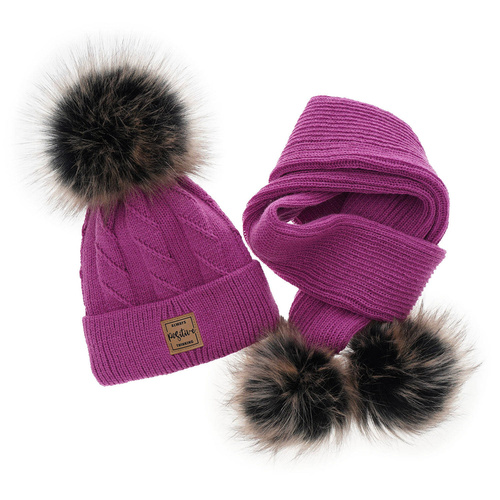 Czapka i szalik dla dziewczynki zimowy komplet, różowy, z dwoma pomponami Gabriela
