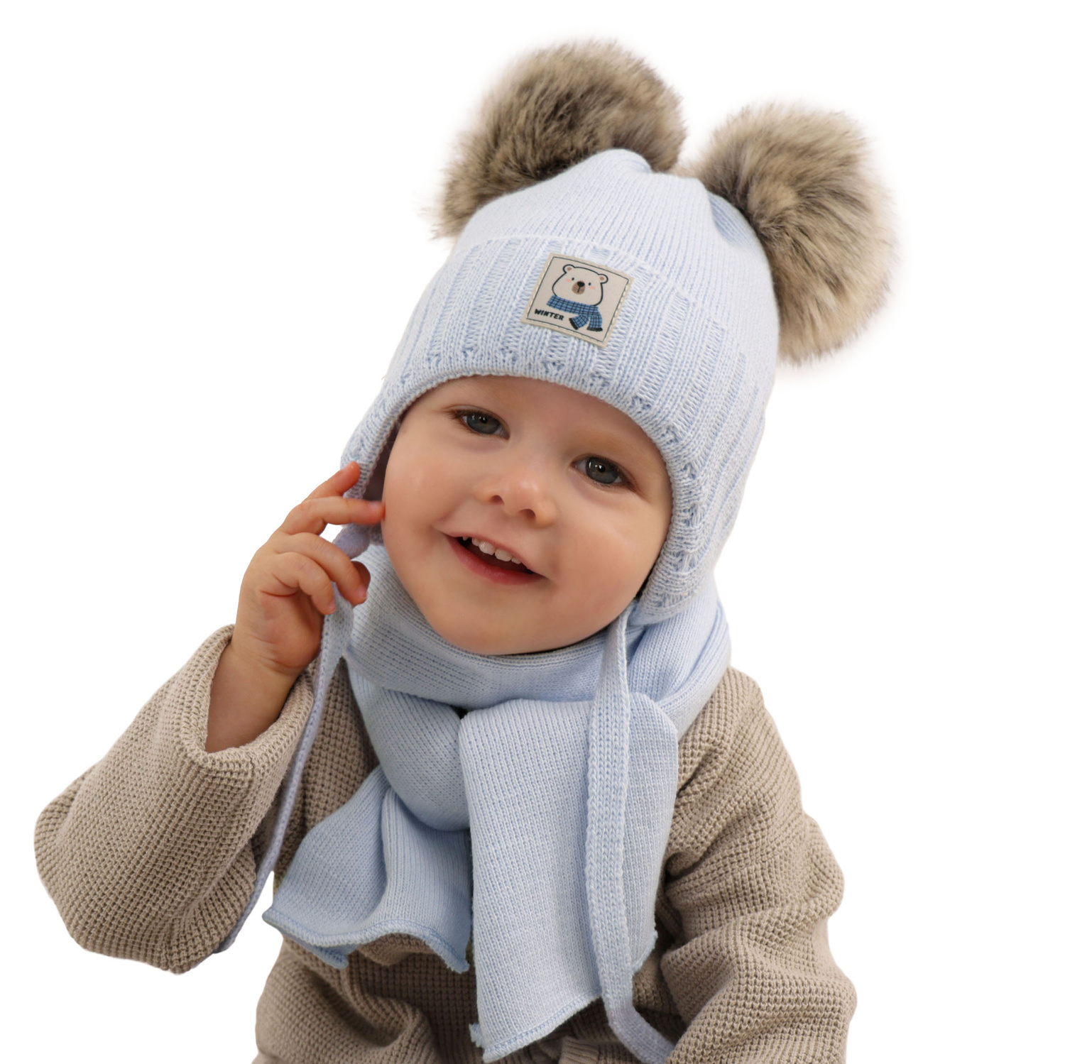 Czapka i szalik dla chłopca zimowy komplet, beżowy, z dwoma pomponami Jewel