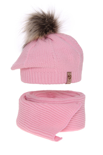 Beret i szalik dla dziewczynki zimowy komplet, różowy, z pomponem Elif
