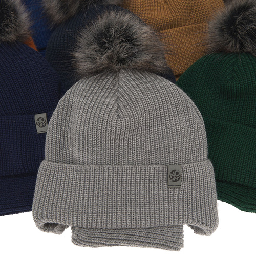 Czapka i komin dla chłopca zimowy komplet, pomarańczowy, z pomponem, wiązany Honed