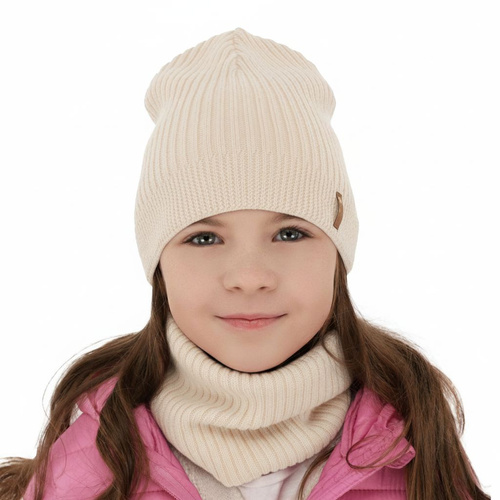 Czapka i komin dla dziewczynki jesienny, wiosenny komplet, jasnoróżowy, 100% wełniana merino Chelsie