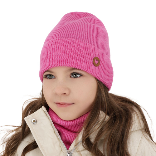 Czapka i komin dla dziewczynki jesienny, wiosenny komplet, amarantowy, 100% wełniana merino Brook