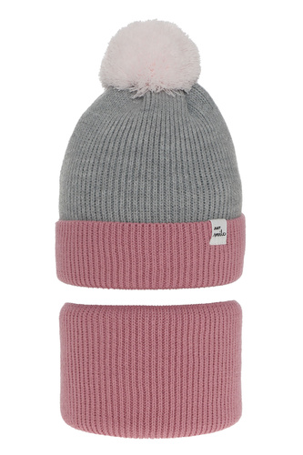 Czapka i komin dla dziewczynki zimowy komplet, różowy, z pomponem Rosalin